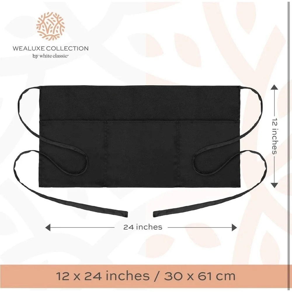 12 Pack- Wealuxe Solid Black‎ Premium Professional Waist Apron 3 Pockets